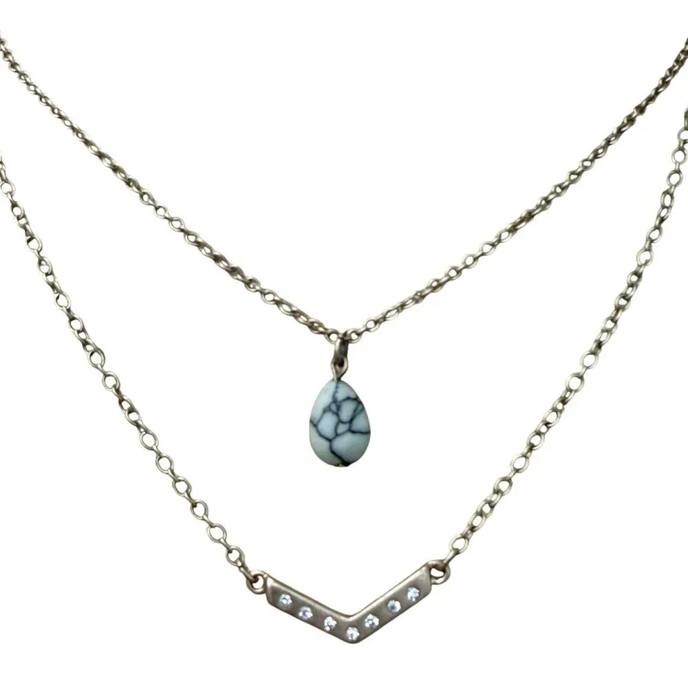Layered Gold-Tone Necklace With Chevron Rhinestone‎ Bar & Faux Turquoise Pendant
